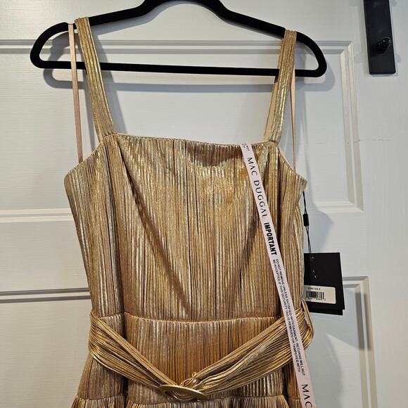 Mac Duggal 27062 Ruffle Tier Midi Metallic Gold Pleated Belted Dress Size 6 - Picture 3 of 9